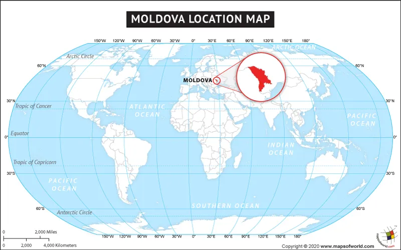 World map with Moldova marked in red in Eastern Europe, with a zoomed view of its outline